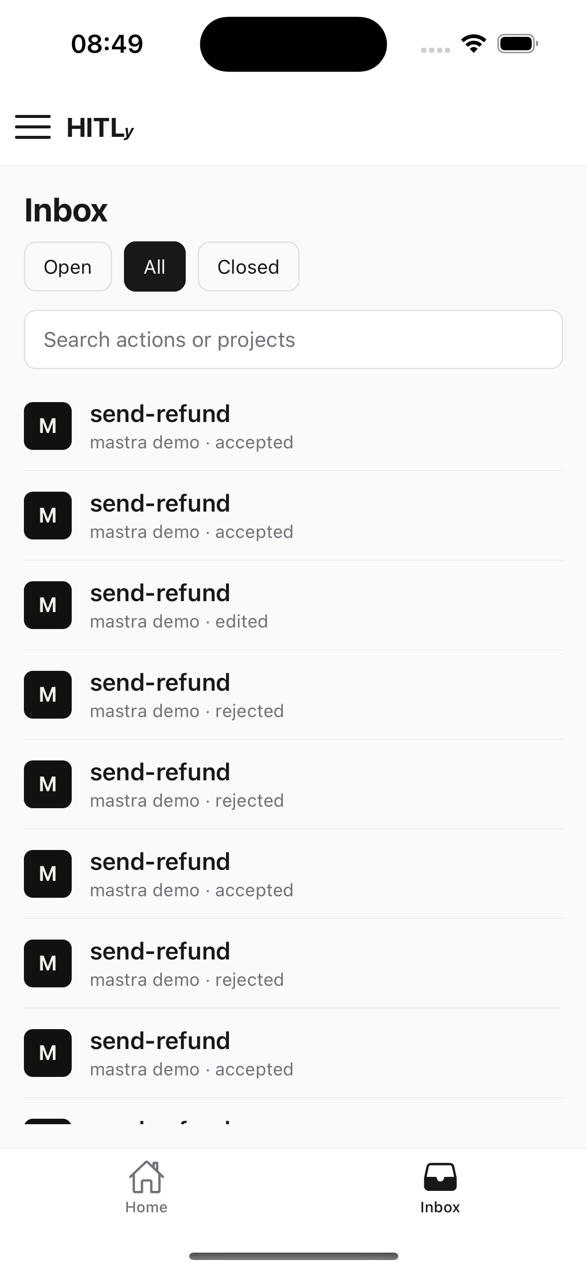 Mobile inbox with Open, All, and Closed filters and send-refund rows