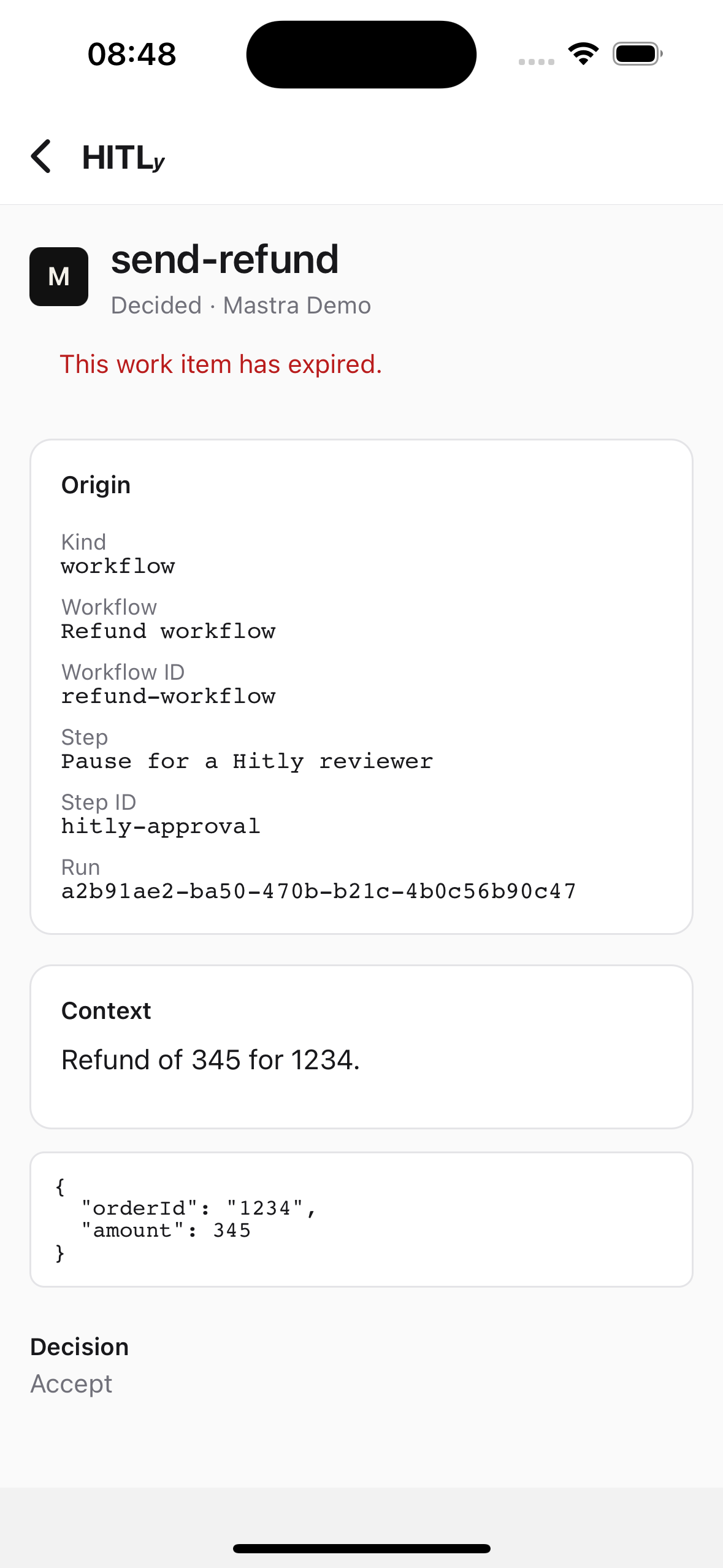 send-refund work item showing origin metadata, context, JSON data, and an Accept decision